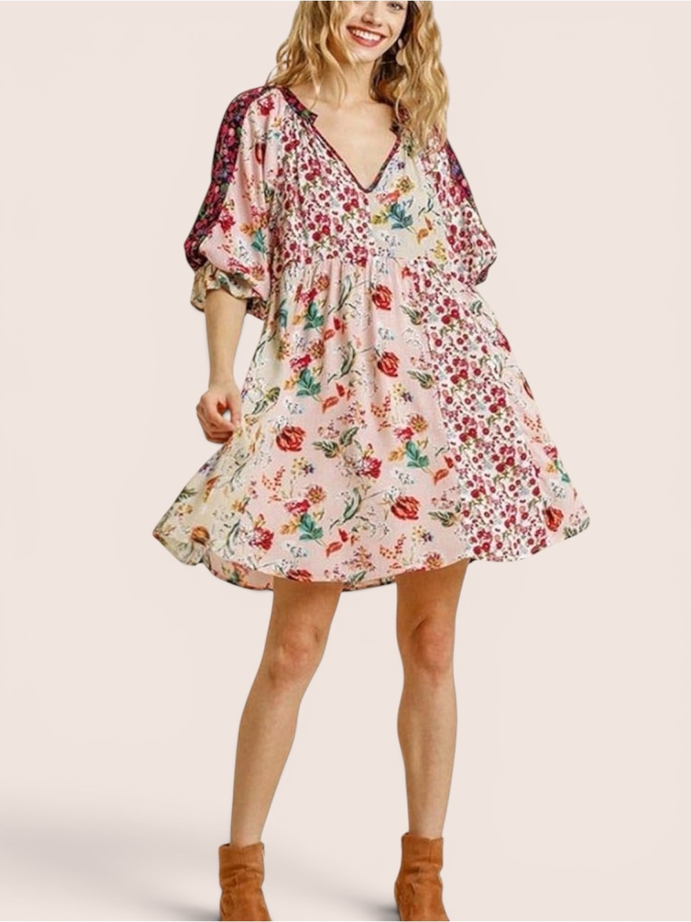 Umgee Floral Mixed Print Boho Swing Dress Size Small Blush Pink Back to Campus